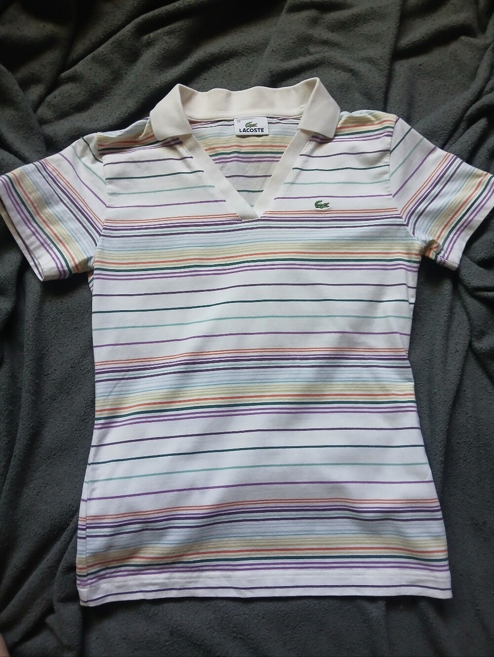 Lacoste White V-Neck Polo Tee with Pastel Multi Stripes Size S